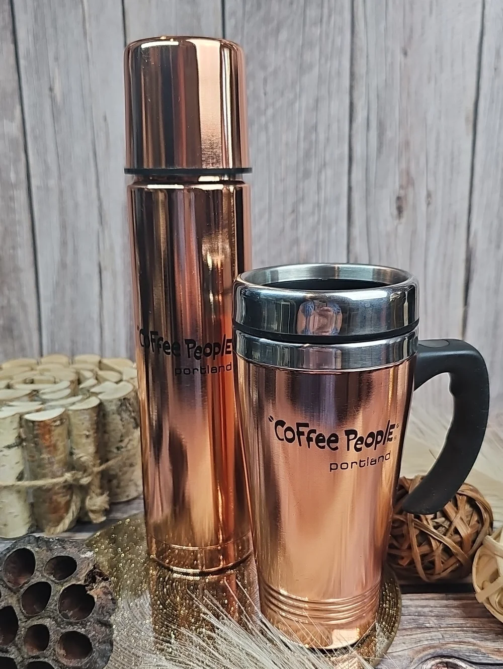 NEW VINTAGE BRANDED THE COFFEE PEOPLE PORTLAND TUMBLER & THERMOS SET